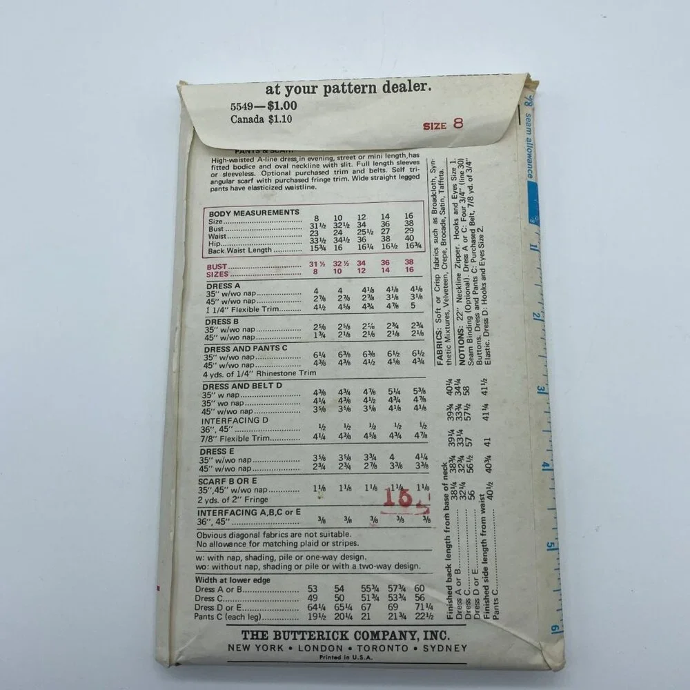 Butterick Pattern 5549 Misses One Piece Evening Dress Pants Scarf Size 8 Vintage